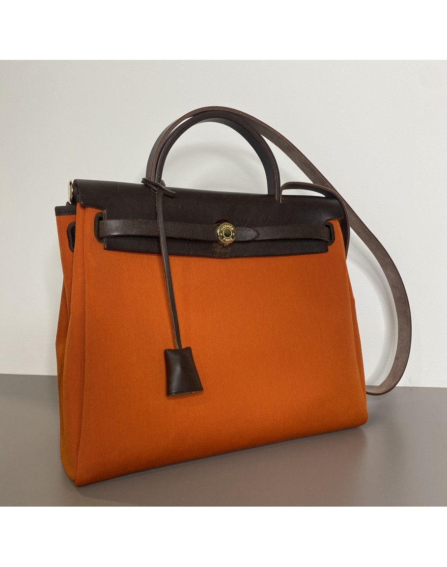 HERMES Herbag PM 31 2 in 1 Orange Canvas with Dark Brown Calfskin Leather GHW